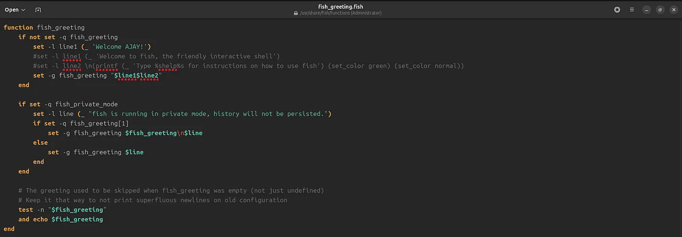 Edit fish_greeting function for displaying custom greeting message